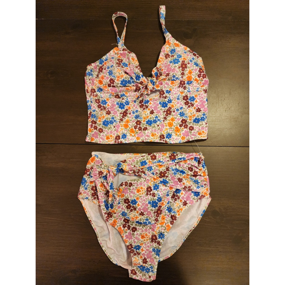 Tahari 2 piece Set Swimsuit Bathing Suit Tankini LARGE Red Orange Pink Floral - Picture 3 of 16